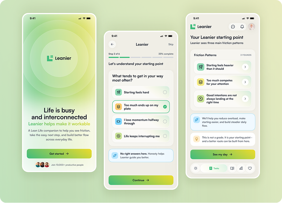 Leanier onboarding and friction-pattern discovery screens